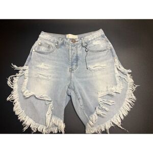 One Teaspoon NWOT Bermuda Shorts Blue Denim 100% Cotton Distressed Zip Fly Sz 22